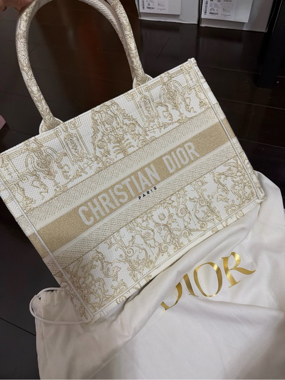 Dior Beige and White Embroidered Book Tote
